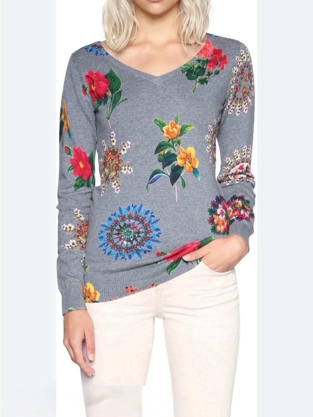 Desigual Gray V-Neck Knit Floral Cotton Sweater Size Medium